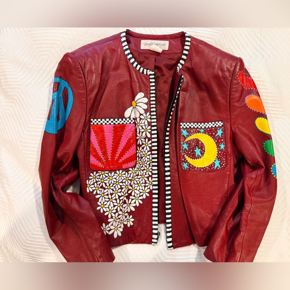 Jones New York burgundy leather jacket- hand painted by Blue Frog Art.